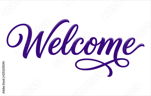 Elegant cursive welcome text in deep purple isolated on a clean white background for greeting cards and signage