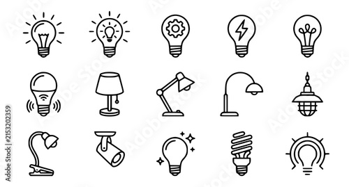 Creative light bulb and lamp concept editable outline vector icon set