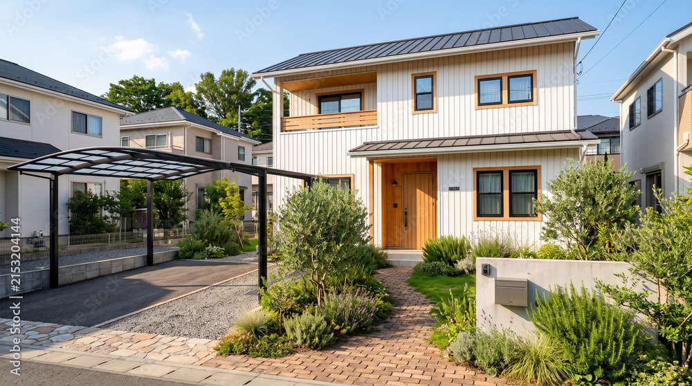 Fototapeta premium Modern white and wood Japanese house exterior with carport and garden