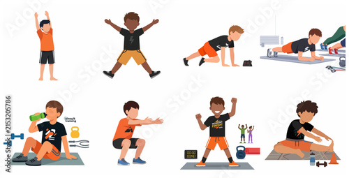 Set of kids doing various fitness exercises and workout routines illustration