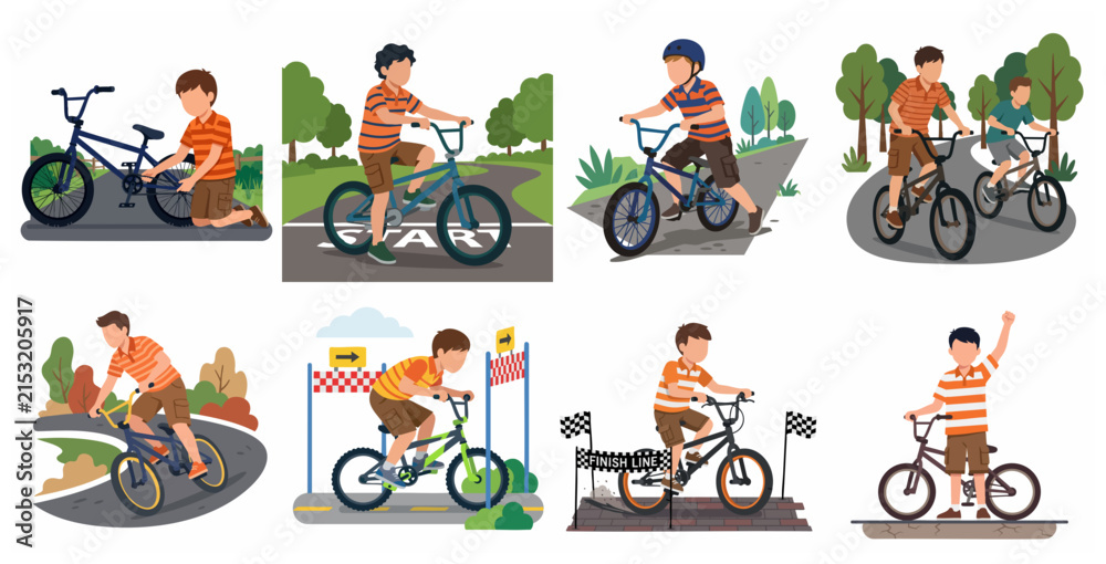 Fototapeta premium Set of Boy Riding Bicycle in Various Racing and Leisure Activities Vector Illustration