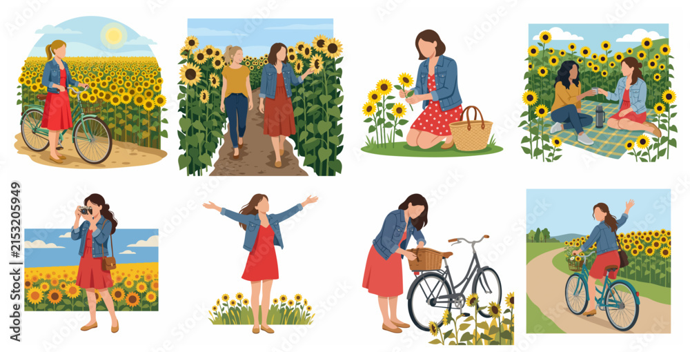 Fototapeta premium Illustration of young women enjoying activities in a sunflower field, including cycling, walking, picnicking, and photography in a flat vector style.