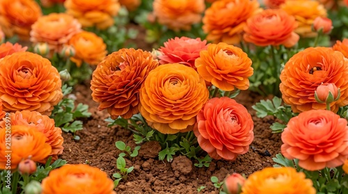 Vibrant orange ranunculus flowers blooming in a garden bed, closeup view of persian buttercup blossoms with layered petals in a natural outdoor setting