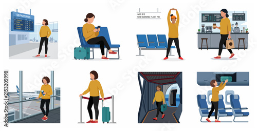 Flat vector illustration set of a female traveler's journey through the airport and boarding a flight.