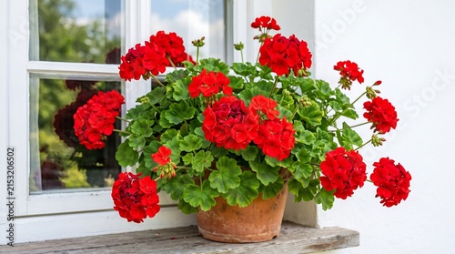 Vibrant red geranium flowers in a terracotta pot sitting on a rustic wooden windowsill against a white wall and window frame