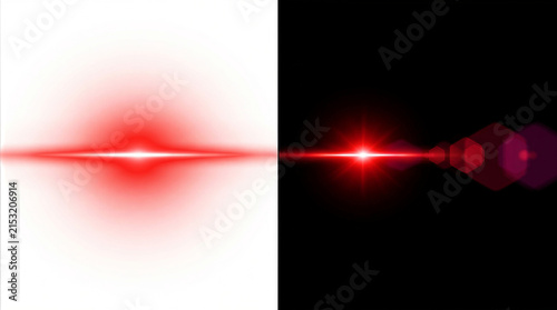 Abstract red light flare effect with horizontal beam shown on both white and black backgrounds for design