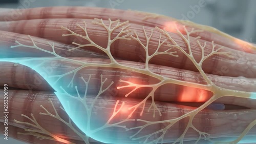Muscle fibers connected to nearby sensory nerve endings, warm red pain signals slowly traveling from the muscle tissue toward the nerve endings, after painkiller activation a smooth cool blue wave 