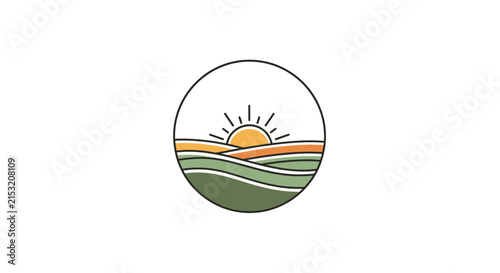 Minimalist Sunrise Over Rolling Green Hills Landscape Circle Icon