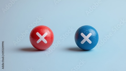 Red and blue colored spherical objects with white X symbols on a light blue background, digital illustrations representing negation or rejection concepts