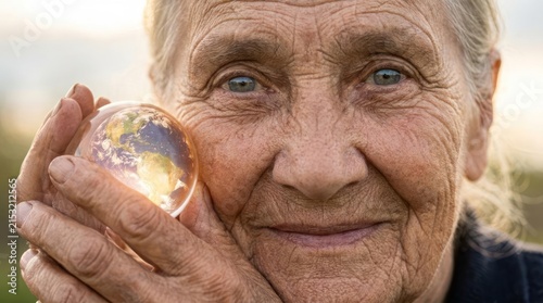 Elderly woman holding glowing crystal earth globe.