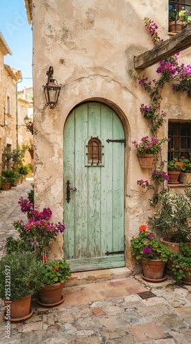 Charming Mediterranean Style Doorway with Floral Decor.