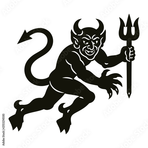 mischievous devil character silhouette, running crouched pose, curved horns and pointed ears, arrow-tipped tail curling upward, holding a trident