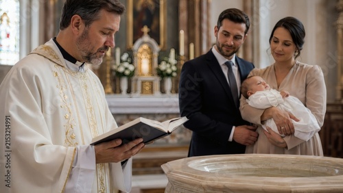 Baby baptism ceremony with parents in church