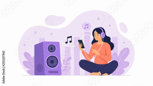 Young woman sitting and listening to music on smartphone with headphones
