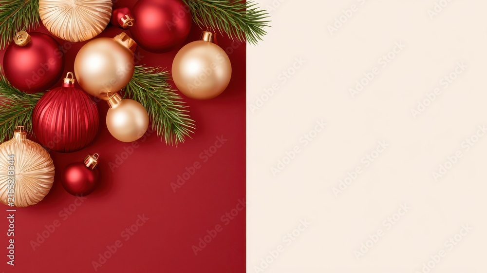Obraz premium Red and gold holiday ornaments with pine branches on split layout background
