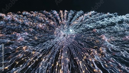 Glowing neural network fiber optic cables with light pulses.