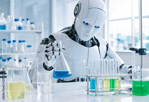Advanced humanoid robot holding a glass flask in a modern scientific laboratory while analyzing complex chemical reactions.