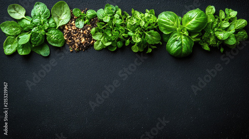 Assortment of Fresh Green Herbs and Spices Arranged on Dark Textured Surface, Top View, Healthy Food Ingredients