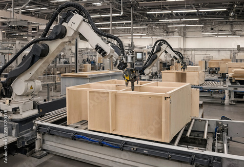 Robotic arm working on a wooden box in a modern manufacturing plant during automated industrial furniture assembly operations.