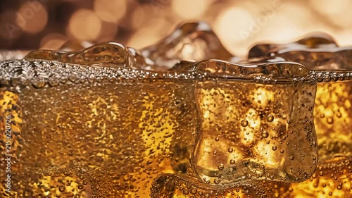 Liquid pouring over ice cubes in glass closeup.