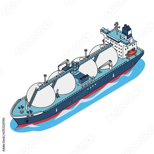 Large cargo ship transporting liquid gas containers at sea.