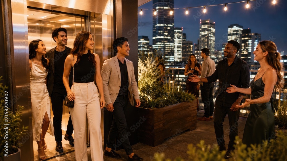Fototapeta premium Well-dressed friends arrive at a rooftop party with city skyline at night