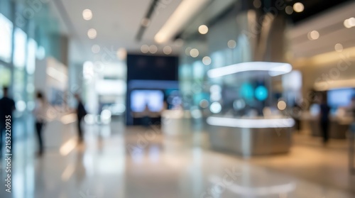 abstract blurred interior of a modern retail tech store, polished marble floors, bright ambient lighting, silhouettes of shoppers, futuristic showroom atmosphere
