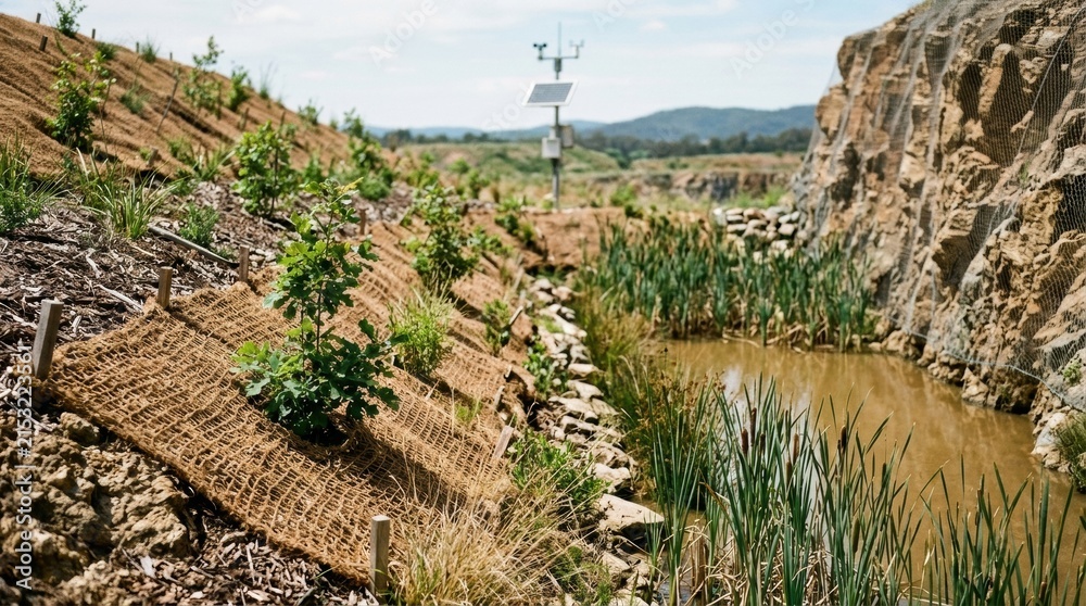Fototapeta premium Biodiversity conservation in a reclaimed quarry with erosion control mesh, saplings, wetland reeds, sediment pond, and solar monitoring equipment