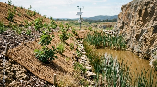 Biodiversity conservation in a reclaimed quarry with erosion control mesh, saplings, wetland reeds, sediment pond, and solar monitoring equipment