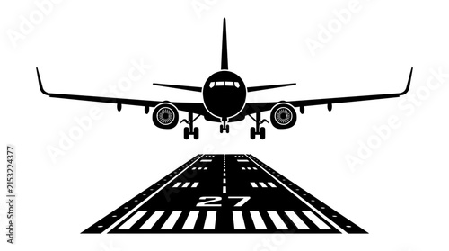 Foto Airplane approaching runway black vector silhouette on white background