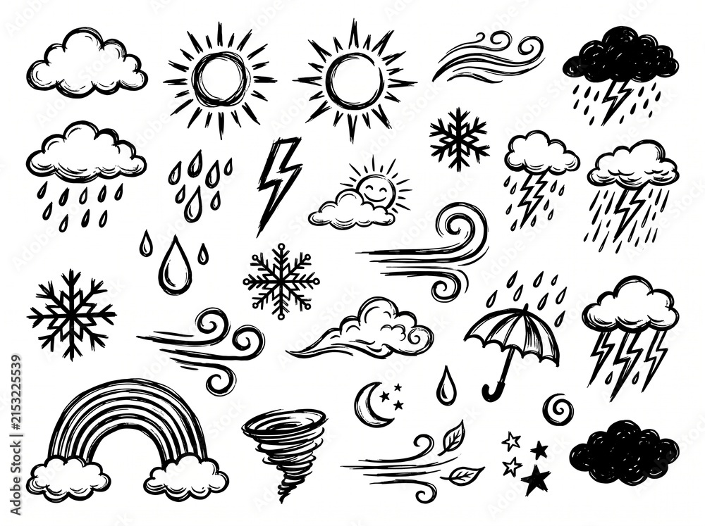 Obraz premium Weather Doodle Icons Set, Hand Drawn Sketch Style Collection, Sun Cloud Rain Snow Storm Thunder Rainbow Tornado Wind Moon Symbols for Forecast and Climate Design