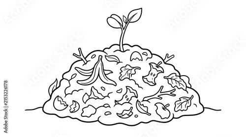 Pile of compost with a sprout growing, featuring banana peels, apple cores, and leaves, outline illustration