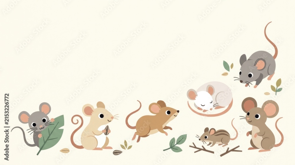 Obraz premium Collection of cute baby mice with varied playful appearances, gray mouse, cream mouse, light brown mouse, white mouse, tiny field mouse and round-eare