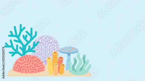 Collection of cute corals with varied recognizable silhouettes, branching staghorn-inspired coral, rounded brain coral, delicate sea fan, tubular cora