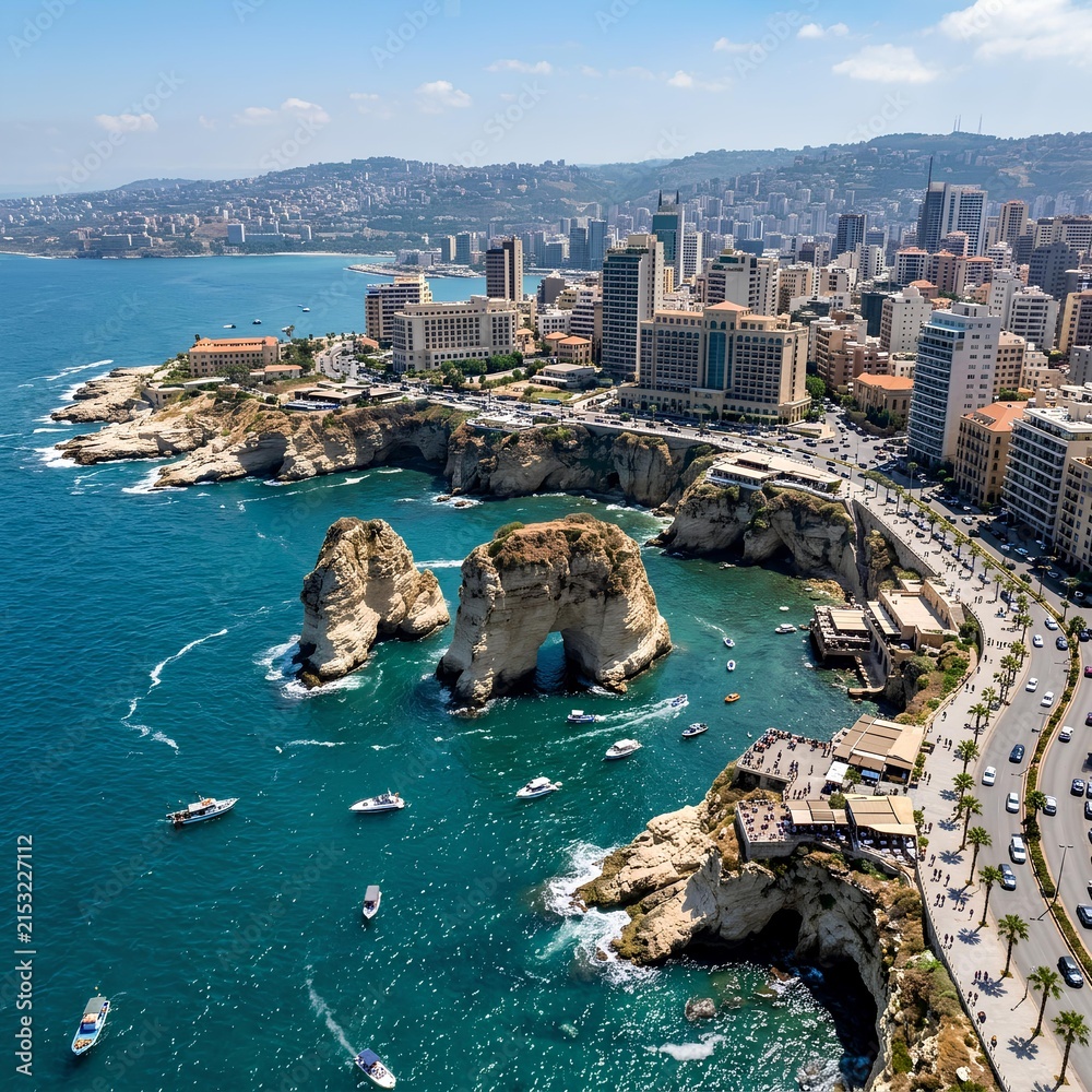 Naklejka premium Beirut Cityscape with Pigeon Rocks Lebanon Coastline