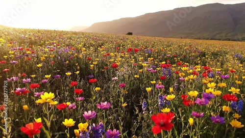 Vibrant wildflower field blooming at sunset in the mountains