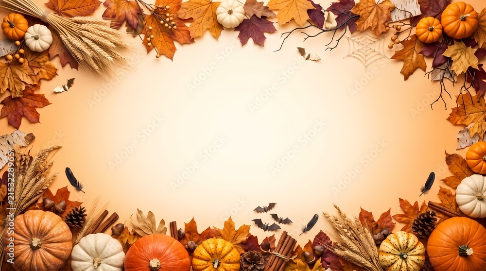 Fototapeta premium Autumn harvest border frame with pumpkins and cinnamon sticks