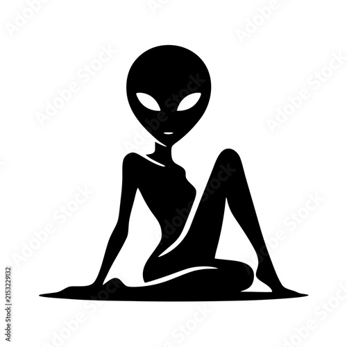 A minimalist black silhouette of a classic grey alien sitting in a cross-legged position