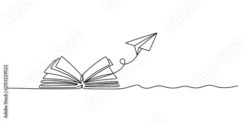 Fotografie Continuous single line drawing of an open book with a flying paper airplane