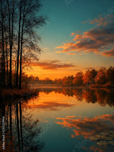 Glowing sunset over a calm forest lake framed by dark trees and warm autumn foliage, creating a peaceful reflective landscape perfect for relaxation, travel and seasonal nature themes.