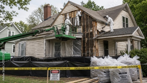 Workers in protective hazmat suits removing exterior siding from an older house during asbestos abatement with lift, warning tape, labeled waste bags and containment sheeting