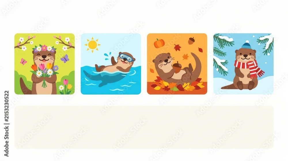 Fototapeta premium Collection of cute otters enjoying seasonal activities including spring flowers, summer swimming, autumn leaves and winter scarves, clean commercial v