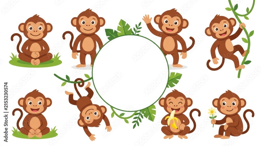Obraz premium Cute cartoon monkey collection with happy facial expressions, sitting, standing, waving, climbing, hanging by the tail, eating a banana and holding a