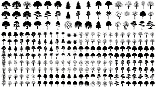 Set of Tree Silhouettes Vector Icons with Various Types of Trees Isolated on White Background.
