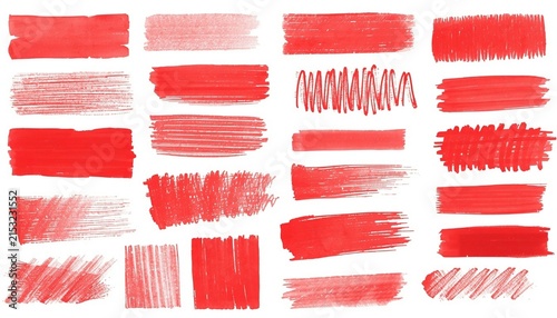 Red underline and strikethrough markers collection. Horizontal hand drawn marker stripes.