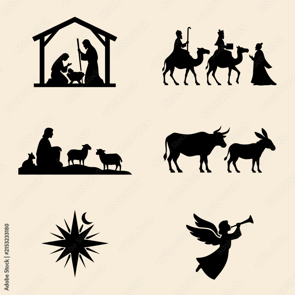 Fototapeta premium Nativity scene icons depicting religious Christmas story elements in black vector silhouettes.
