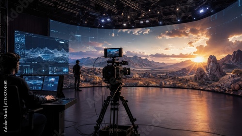Virtual production studio with camera and control console filming a panoramic LED desert sunset landscape
