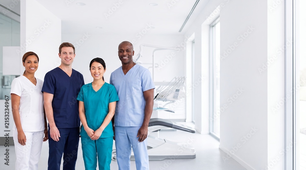Fototapeta premium dental team dentists clinic healthcare portrait diversity professionals teamwork staff stand together in a bright modern practice for recruitment diversity teamwork and trusted healthcare campaigns