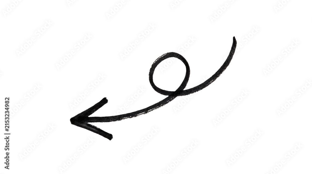 Naklejka premium Curly Arrow Hand Drawn Black curly arrow hand drawn shape pointing left for direction pointer guide navigation and symbol on transparent background Set against a pure solid white background