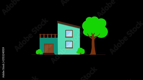 Animated Modern Flat House with Green Tree. residential house and tree isolated on a black background.